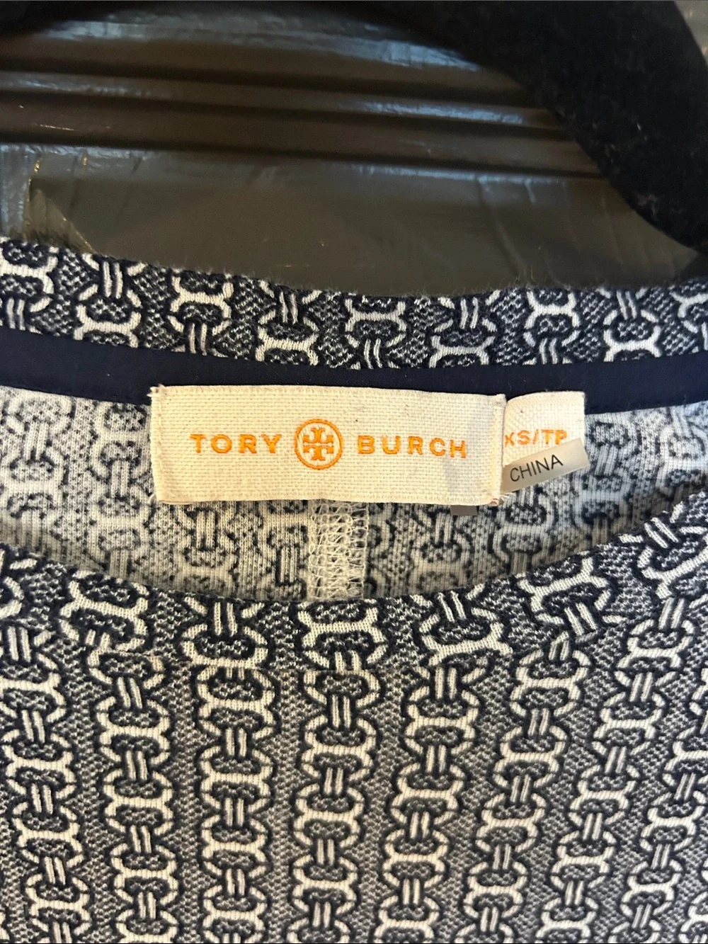 Tory Burch Navy & White Chain-Print Knit Top with Red Logo Accent